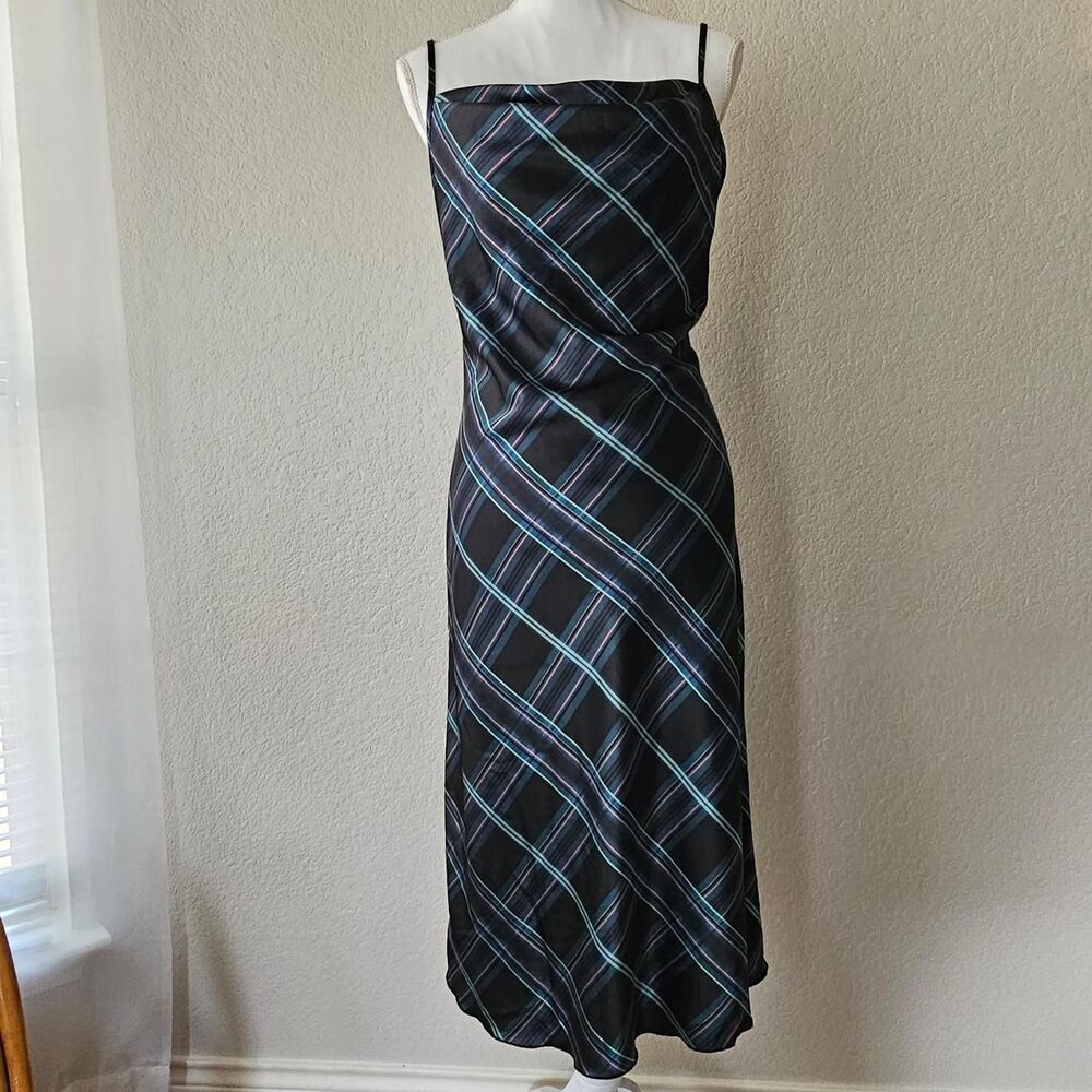 NWT Bebe Black and Green Plaid Cowl Neck Satin Midi Dress